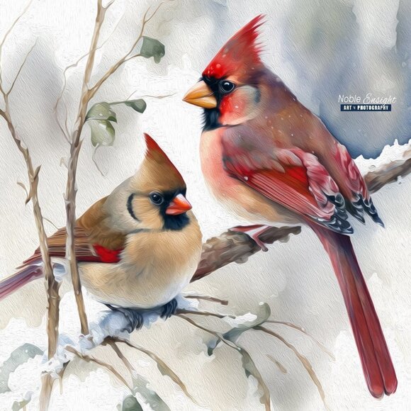 16x20 Northern Red Cardinal Female Cardinal Love Birds Watercolor Oil Painting… - Picture 3 of 5